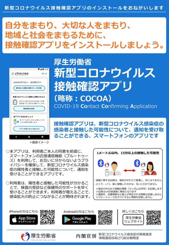 新型コロナウイルス接触確認アプリ Cocoa をインストールしましょう